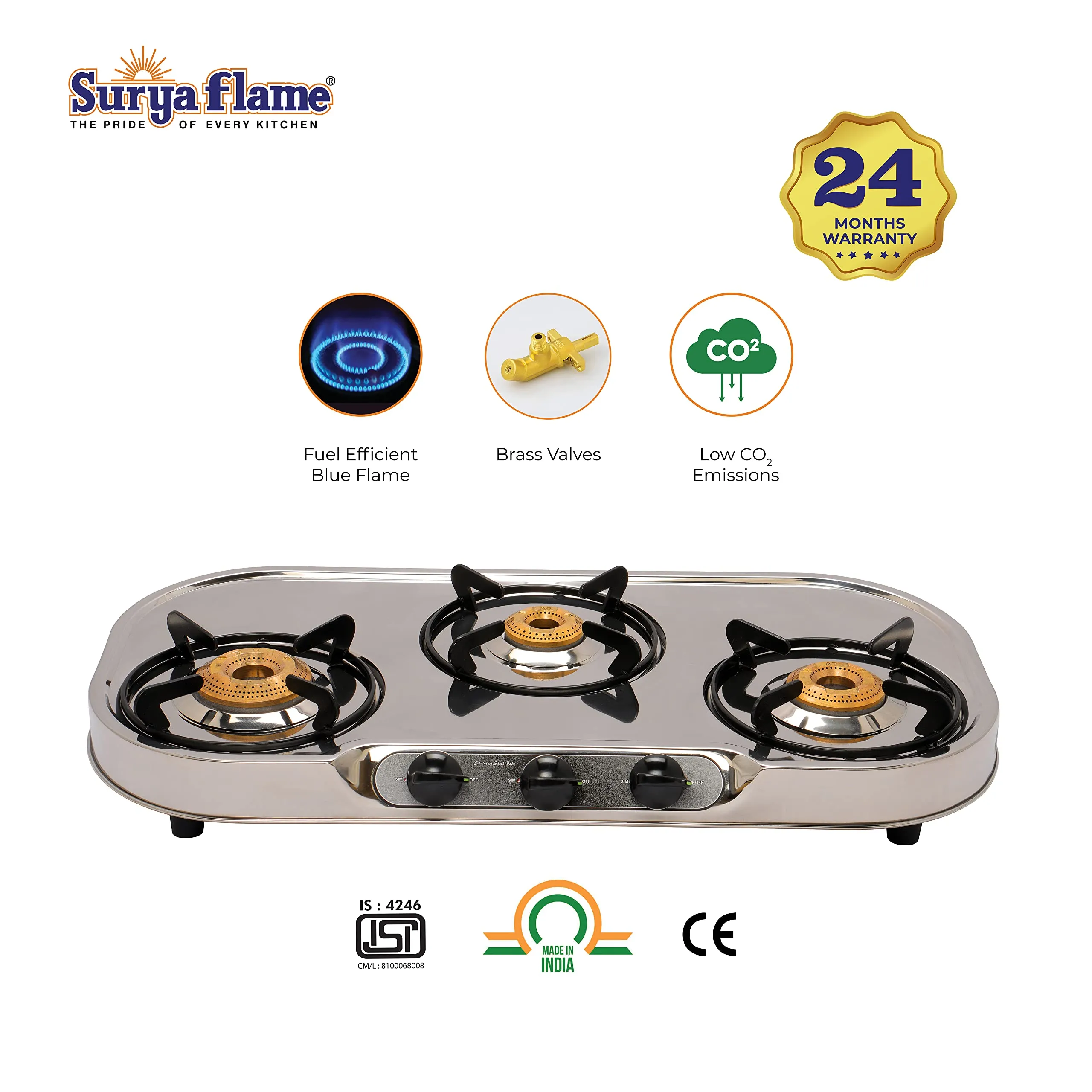 1 SF SPARK LIGHTER - ELEGANT (PACK OF 4)..vb|1 SF HOSE PIPE 1.5 MTR..|1 Surya Flame Costa Gas Stove 3 Burner Stainless