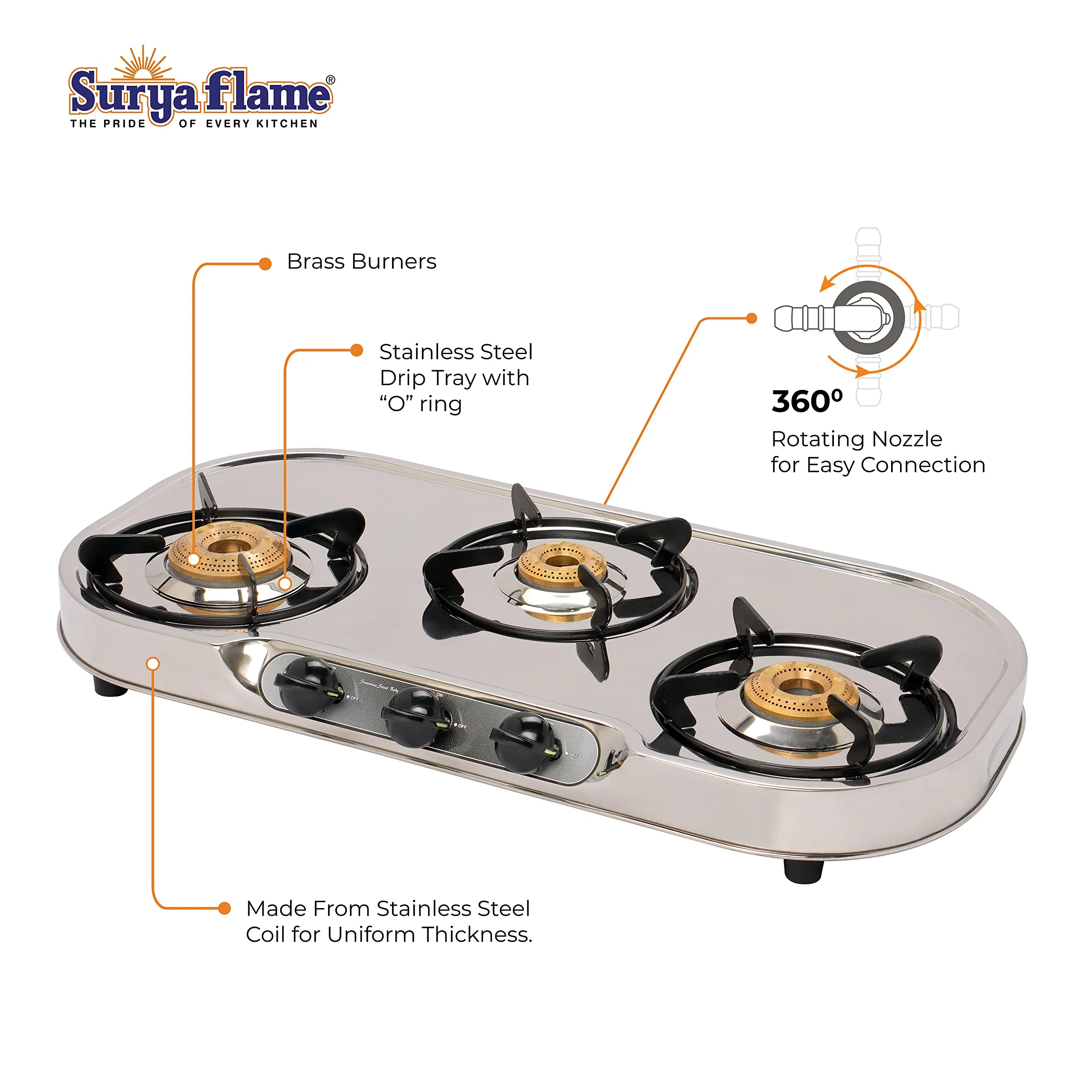 1 SF SPARK LIGHTER - ELEGANT (PACK OF 4)..vb|1 SF HOSE PIPE 1.5 MTR..|1 Surya Flame Costa Gas Stove 3 Burner Stainless