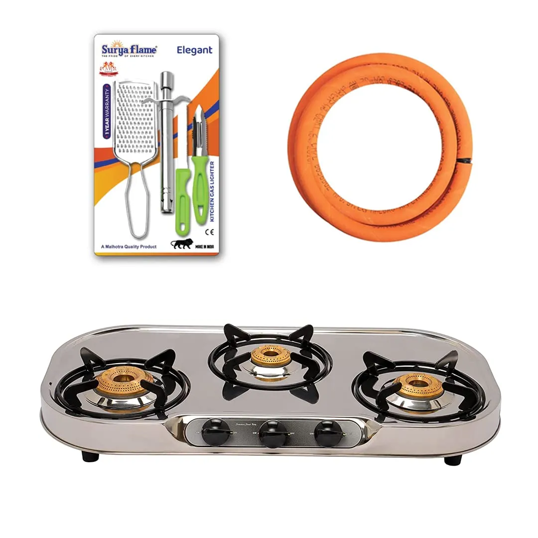 1 SF SPARK LIGHTER - ELEGANT (PACK OF 4)..vb|1 SF HOSE PIPE 1.5 MTR..|1 Surya Flame Costa Gas Stove 3 Burner Stainless