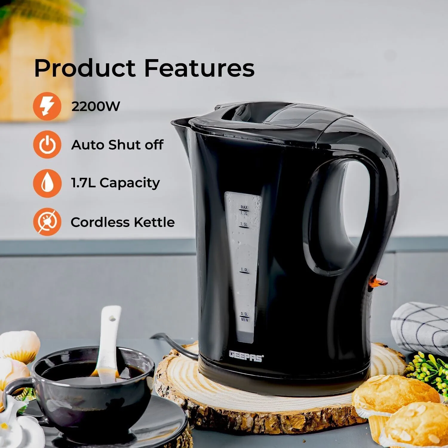 1.7L Fast-Boil Cordless Black Electric Kettle