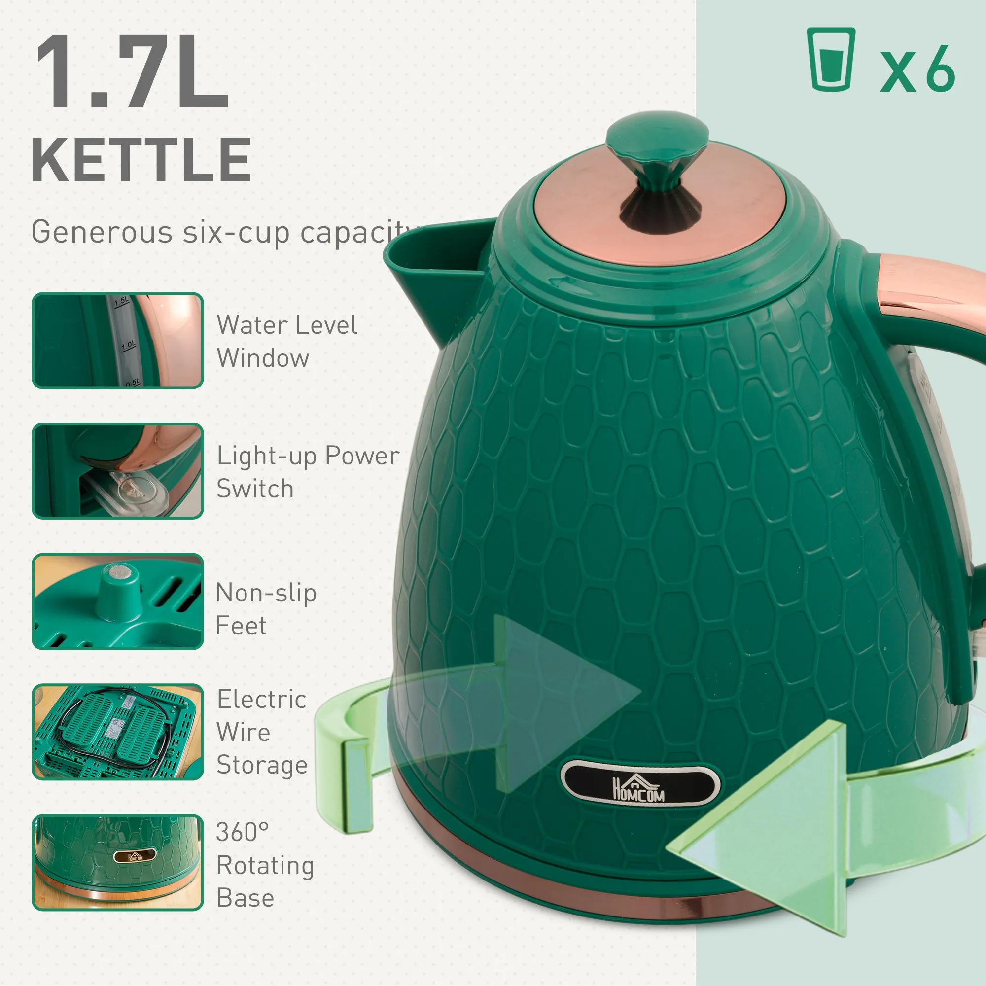 1.7L Kettle and Toaster Set with Defrost Reheat and Crumb Tray Green