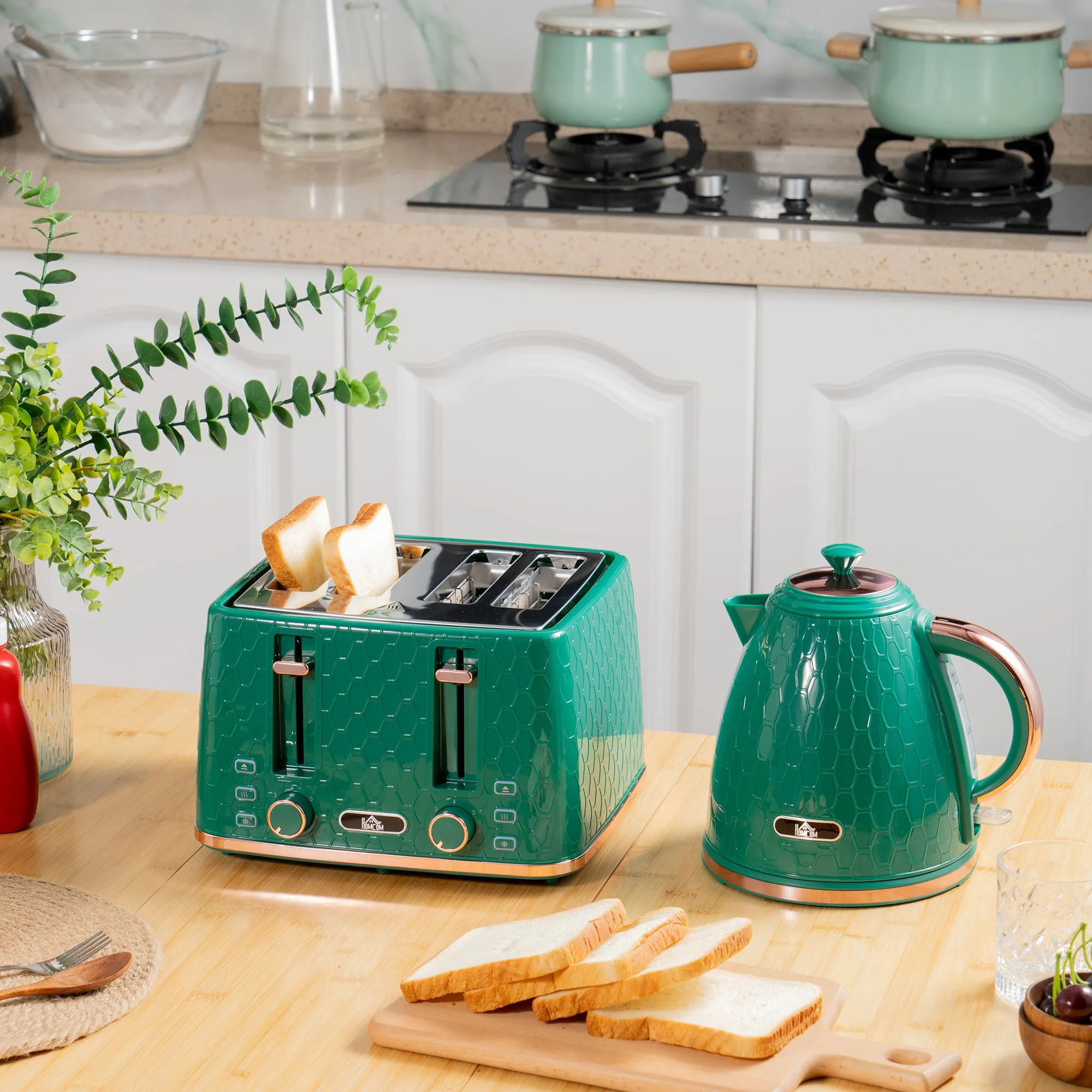 1.7L Kettle and Toaster Set with Defrost Reheat and Crumb Tray Green