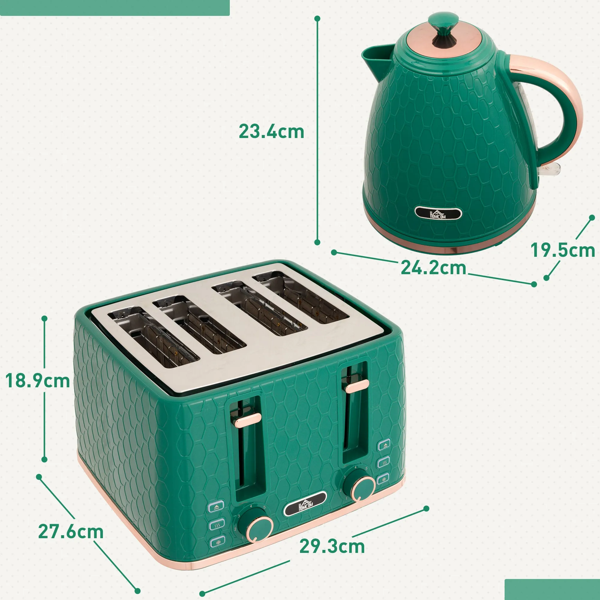 1.7L Kettle and Toaster Set with Defrost Reheat and Crumb Tray Green