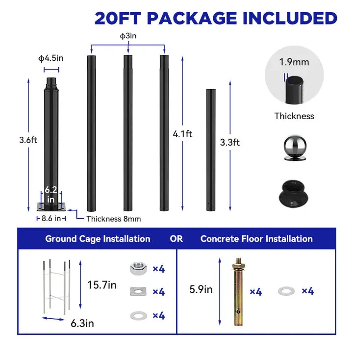 20Ft Commercial Grade Street/Parking/Flag Light Pole, Aluminum   Cage  1-Pack