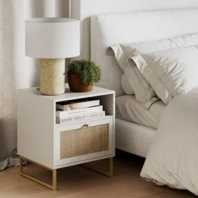 22" Mina Rattan and Wood Nightstand Side Table Matte White/Gold - Nathan James