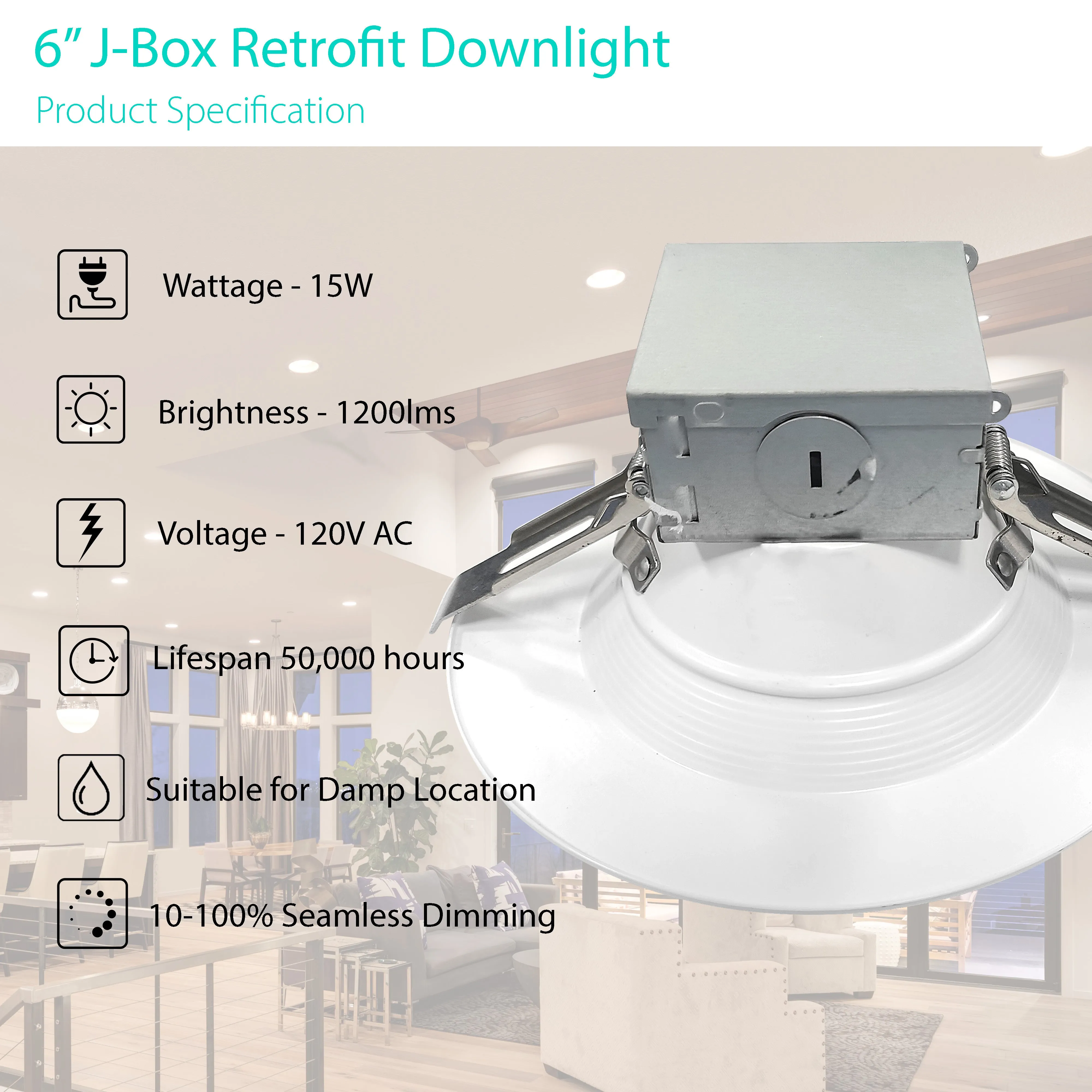 3BRIX 6" 15W Recessed Downlight - 1100lms - Integrated J-Box