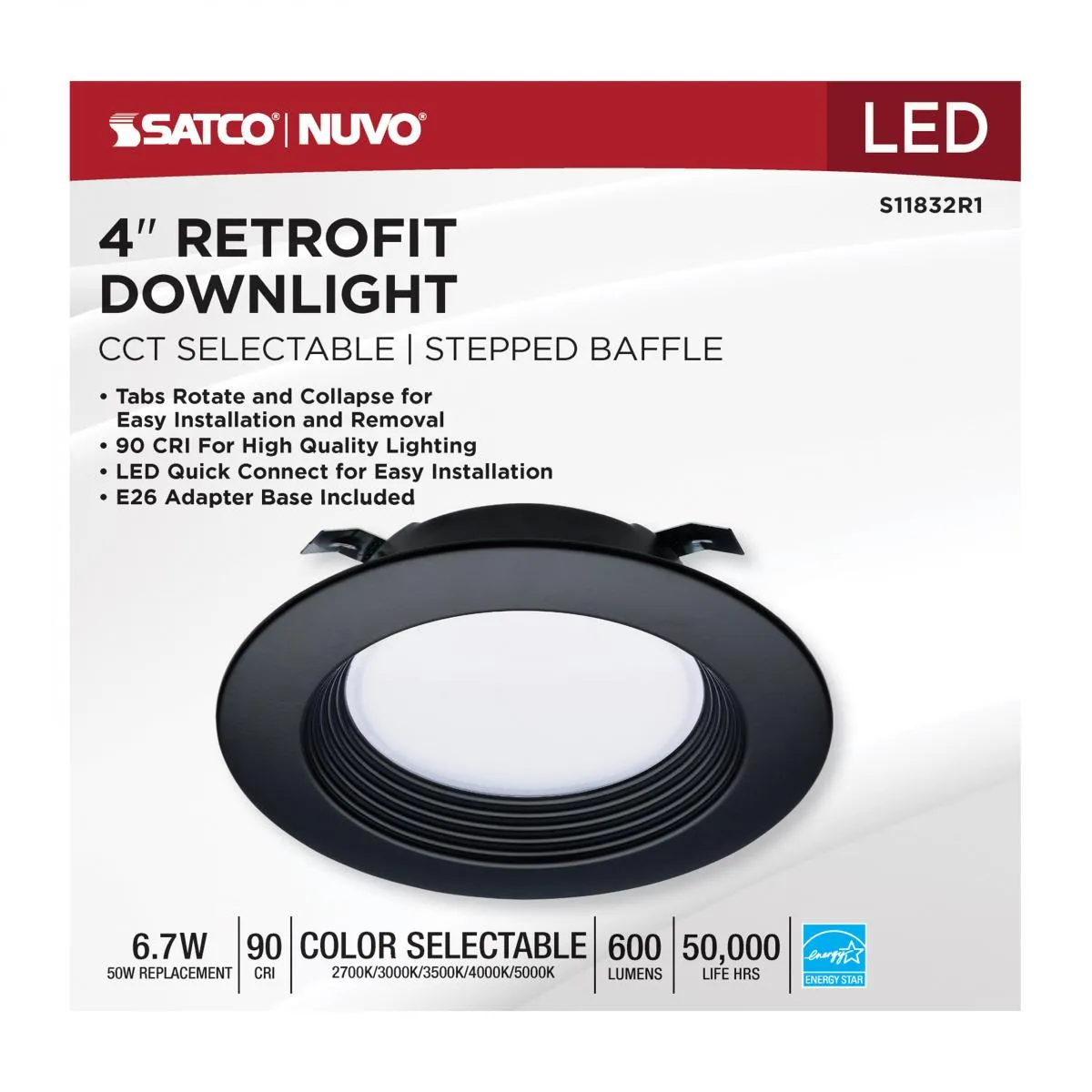 4 inch Retrofit LED Can Light, 7 Watts, 600 Lm, Selectable 2700K to 5000K, Black Baffle Trim