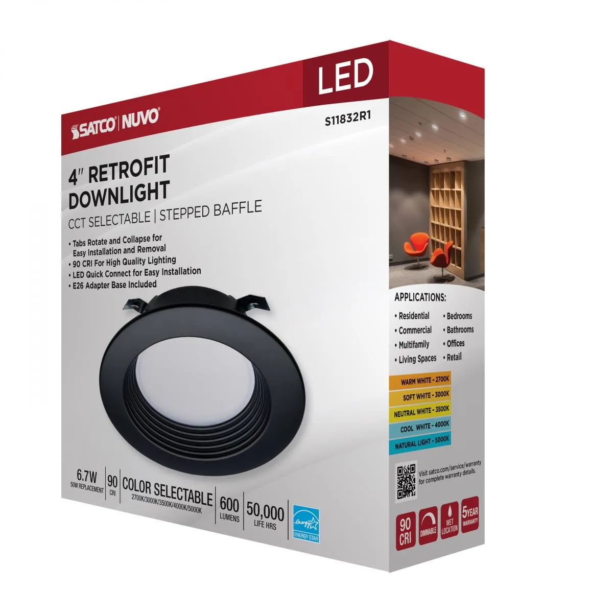 4 inch Retrofit LED Can Light, 7 Watts, 600 Lm, Selectable 2700K to 5000K, Black Baffle Trim