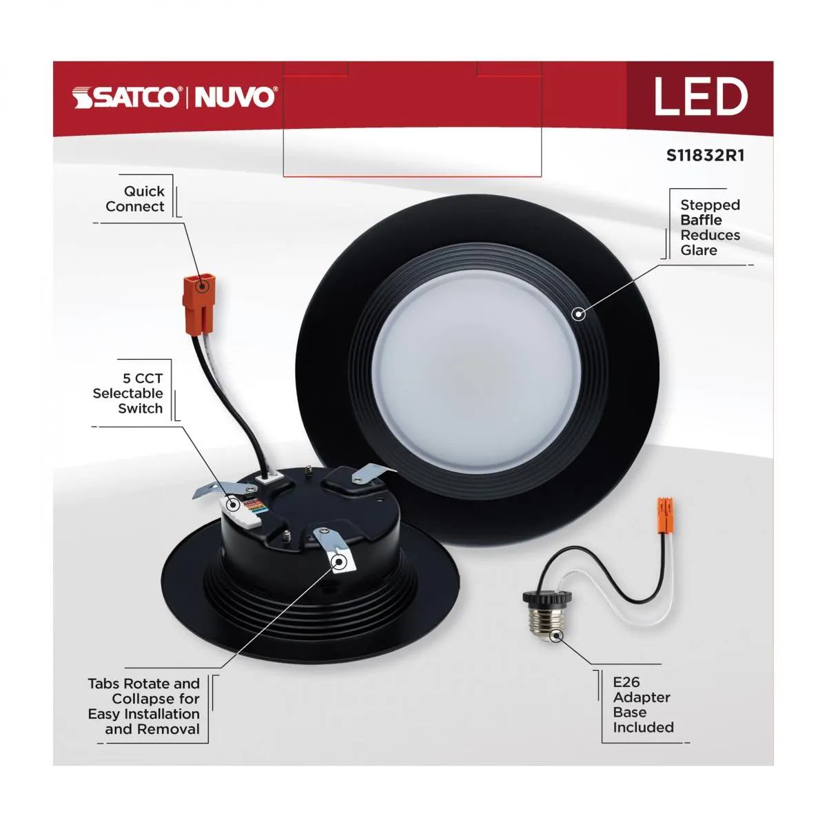 4 inch Retrofit LED Can Light, 7 Watts, 600 Lm, Selectable 2700K to 5000K, Black Baffle Trim