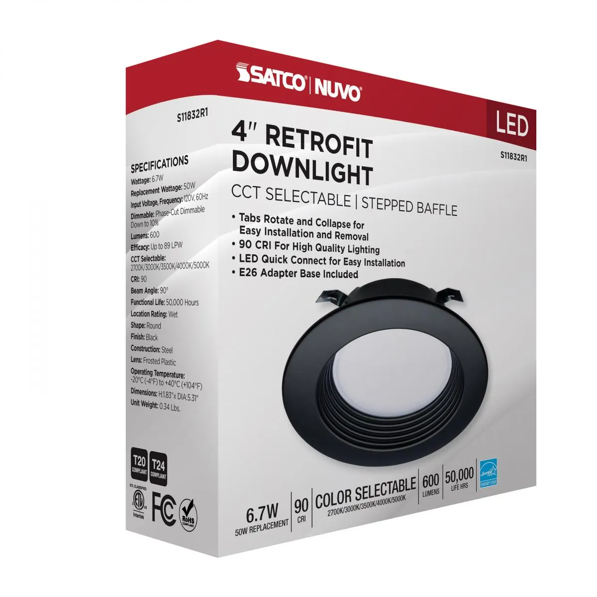 4 inch Retrofit LED Can Light, 7 Watts, 600 Lm, Selectable 2700K to 5000K, Black Baffle Trim