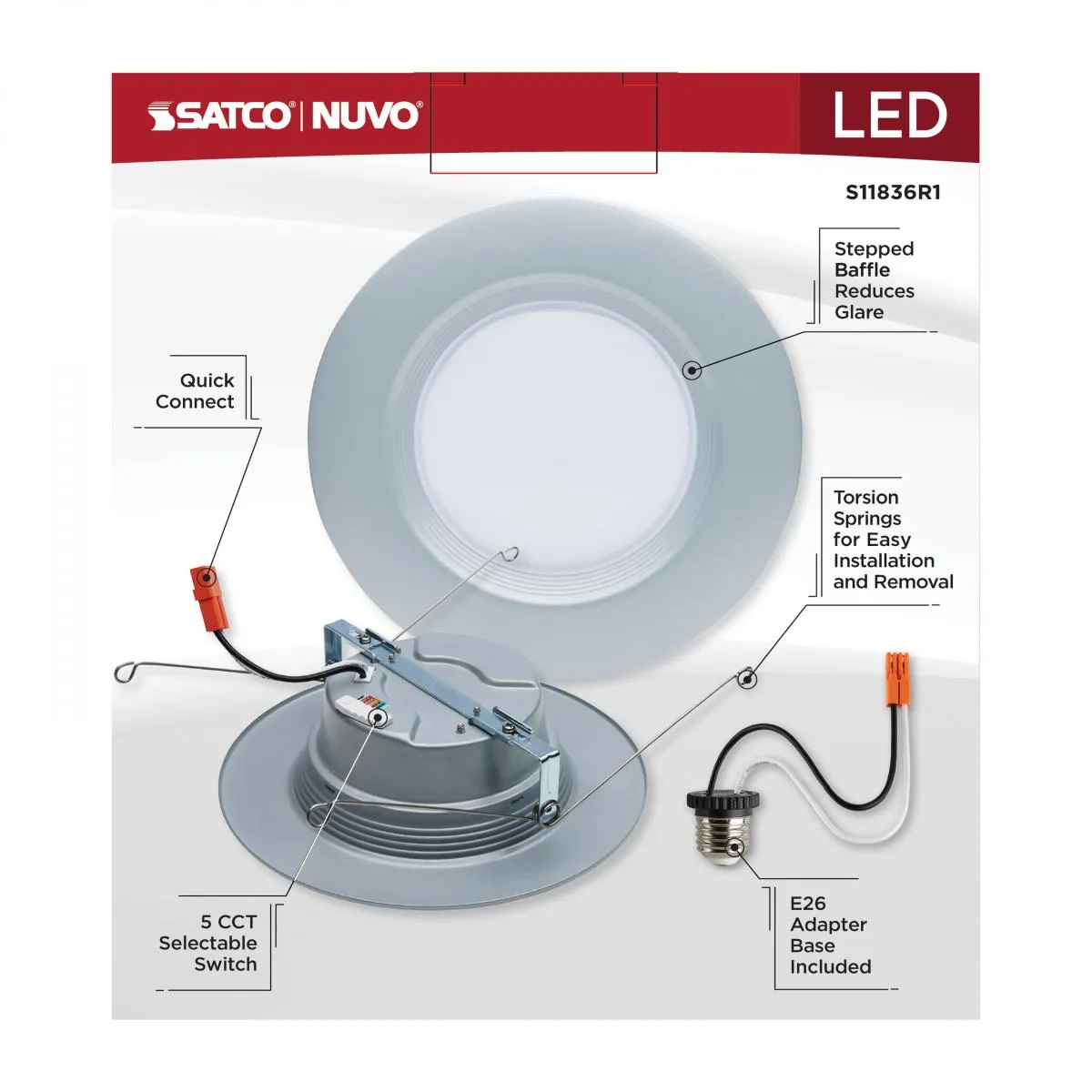 5/6 inch Retrofit LED Can Light, 9 Watts, 800 Lm, Selectable 2700K to 5000K, Nickel Baffle Trim