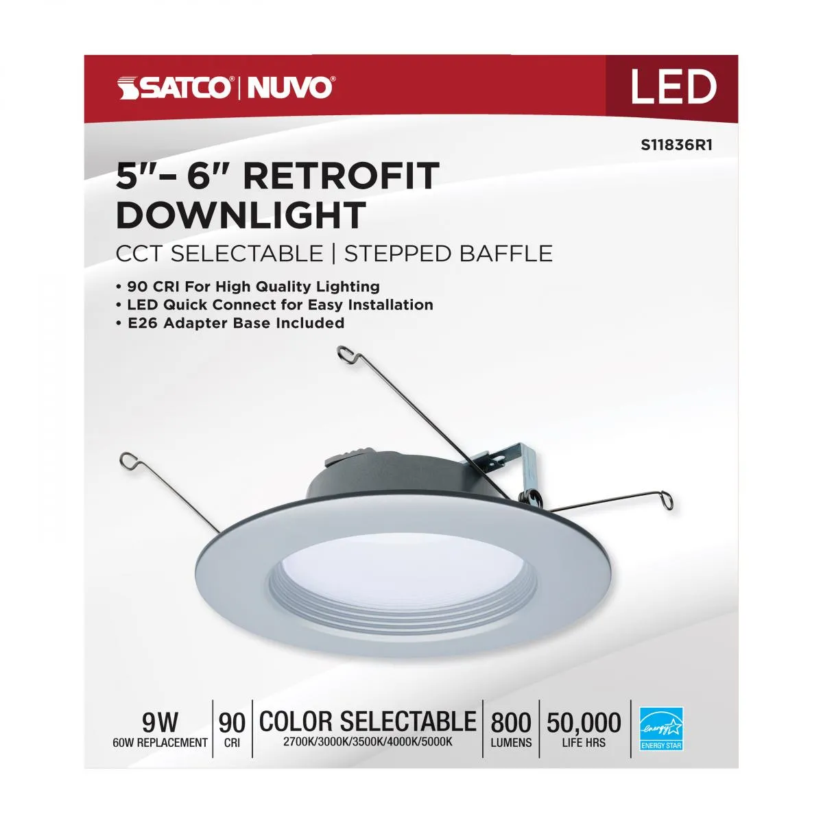 5/6 inch Retrofit LED Can Light, 9 Watts, 800 Lm, Selectable 2700K to 5000K, Nickel Baffle Trim