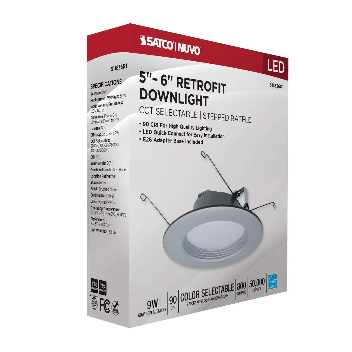 5/6 inch Retrofit LED Can Light, 9 Watts, 800 Lm, Selectable 2700K to 5000K, Nickel Baffle Trim