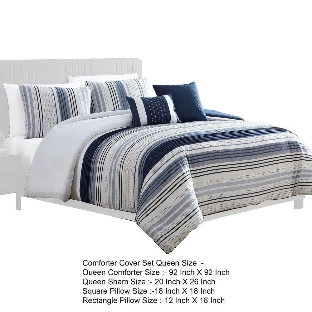 Alfa 5 Piece Queen Comforter Set, Jacquard Woven Stripes, Blue, White By Casagear Home