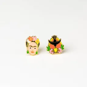 Asymmetrical Cloisonné Stud Earrings - Frida Kahlo