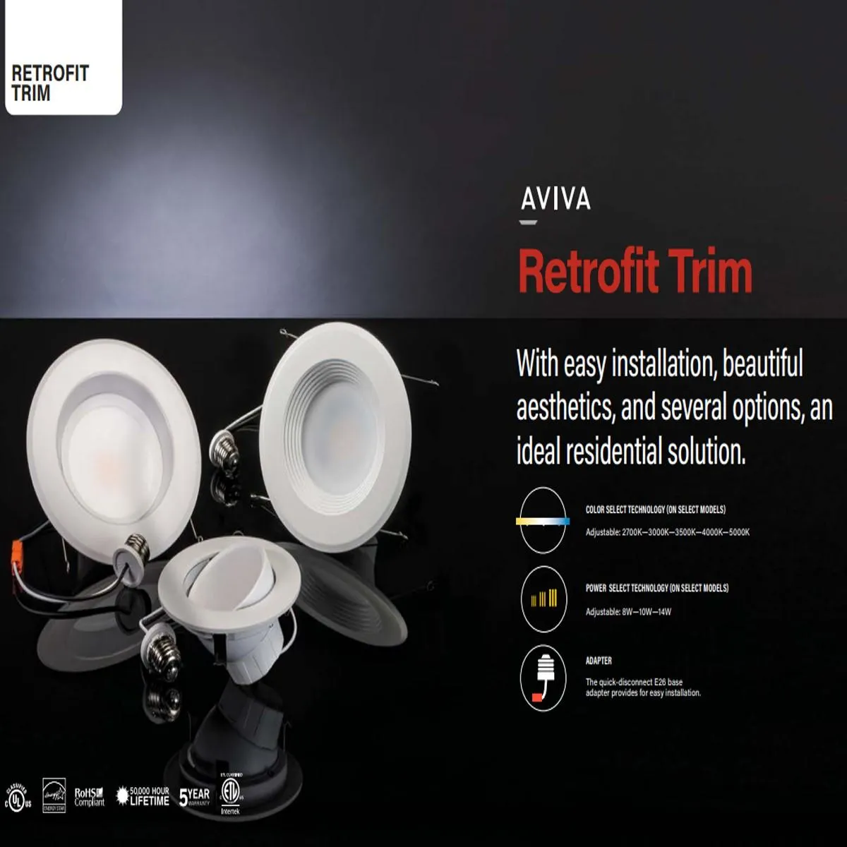 Aviva 6" LED Recessed Can Light, 8W|10W|14W, 1200 Lumens, Selectable CCT, Baffle Trim