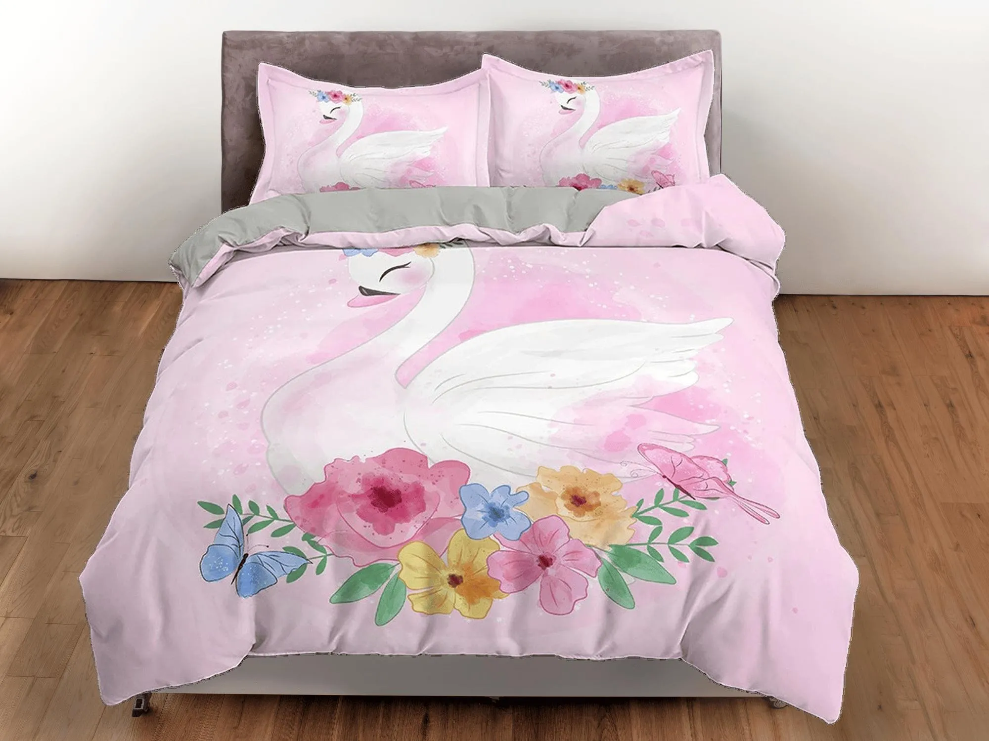 Beautiful Swan Pink Girly Bedding, Duvet Cover Set & Pillowcase, Zipper Bedding, Dorm Bedding, Teens Adult Duvet King Queen Full Twin Single