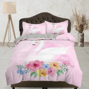 Beautiful Swan Pink Girly Bedding, Duvet Cover Set & Pillowcase, Zipper Bedding, Dorm Bedding, Teens Adult Duvet King Queen Full Twin Single