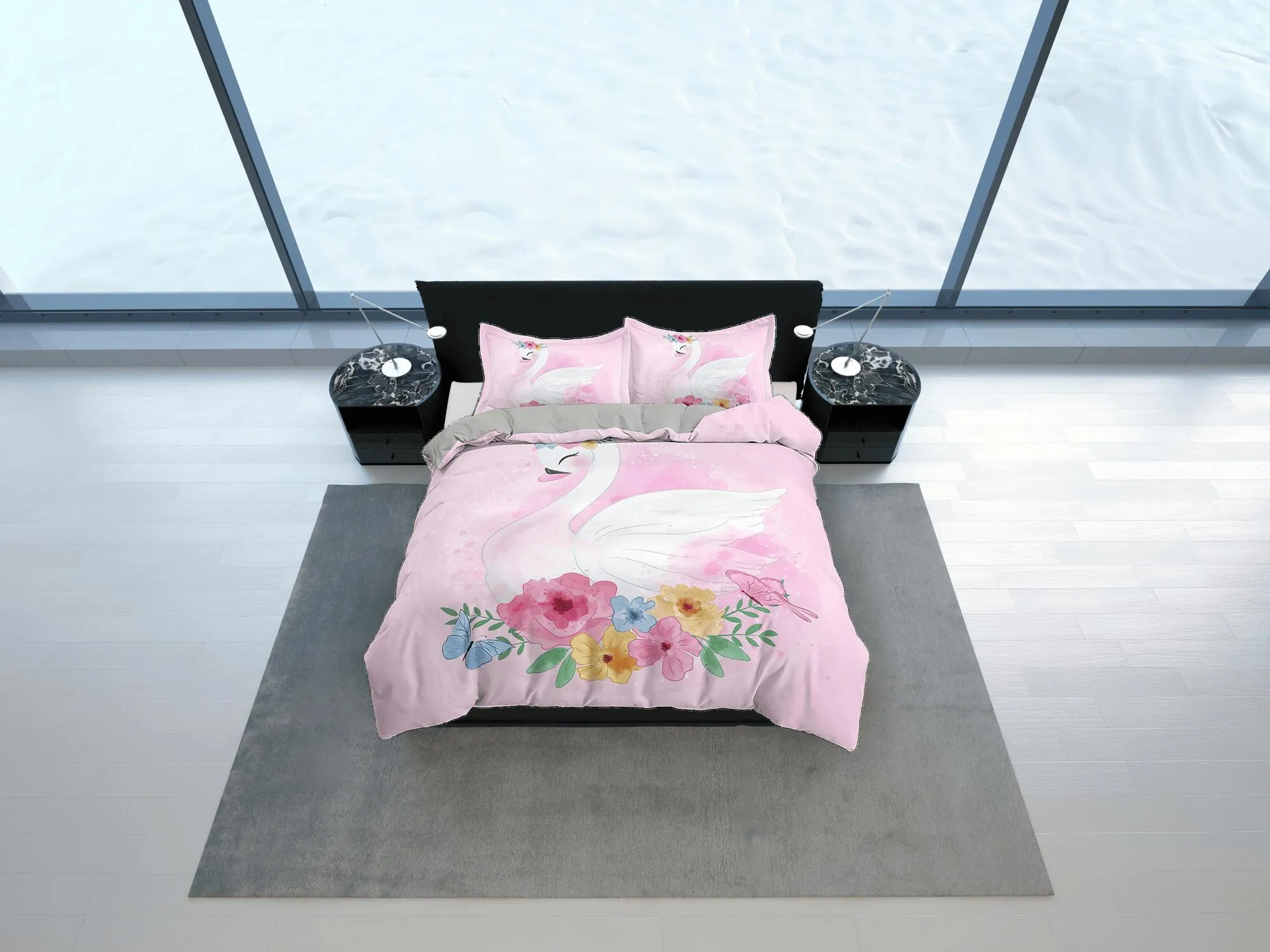 Beautiful Swan Pink Girly Bedding, Duvet Cover Set & Pillowcase, Zipper Bedding, Dorm Bedding, Teens Adult Duvet King Queen Full Twin Single