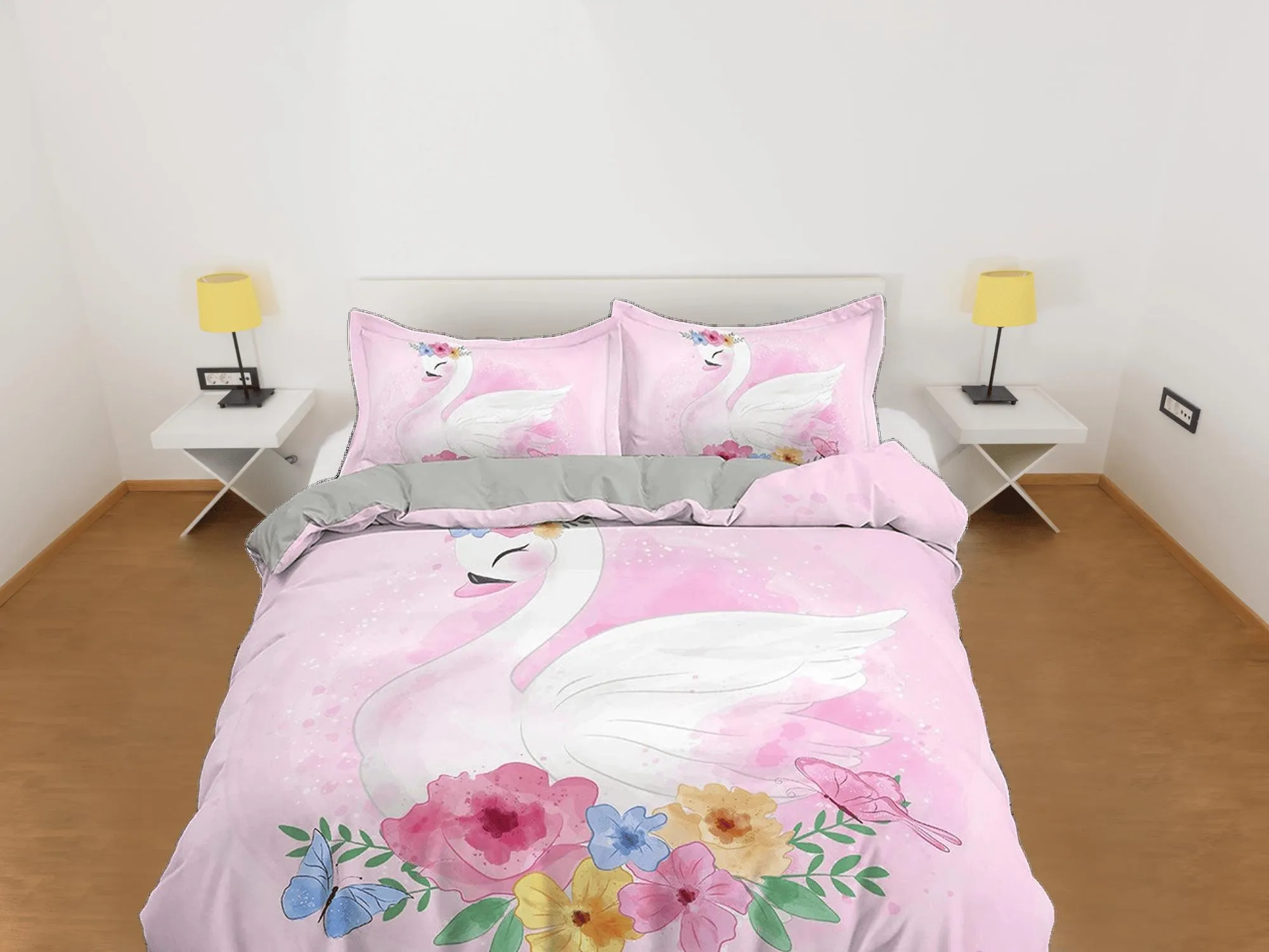 Beautiful Swan Pink Girly Bedding, Duvet Cover Set & Pillowcase, Zipper Bedding, Dorm Bedding, Teens Adult Duvet King Queen Full Twin Single