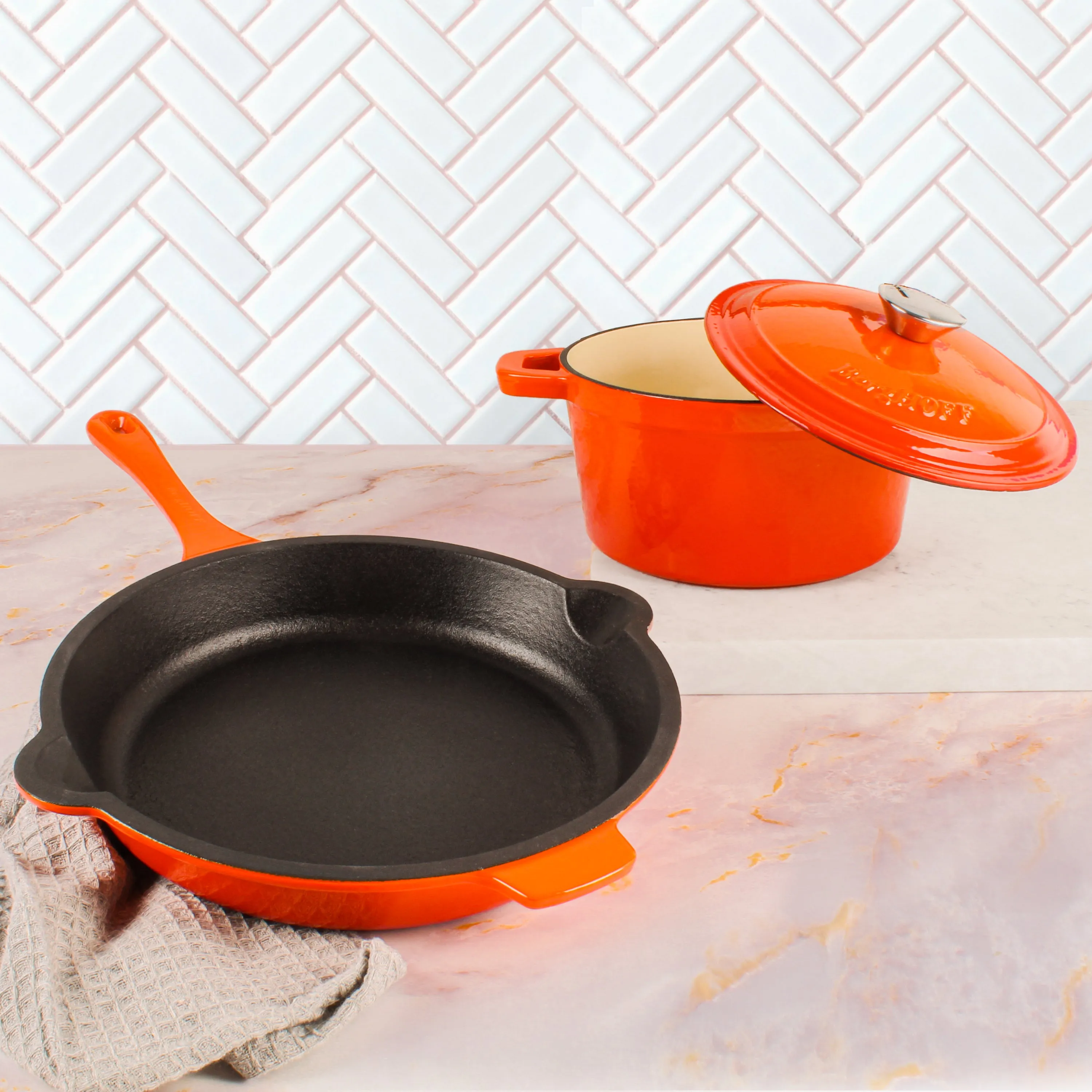 BergHOFF Neo 3pc Cast Iron Cookware Set, Fry Pan & Round Dutch Oven, Orange