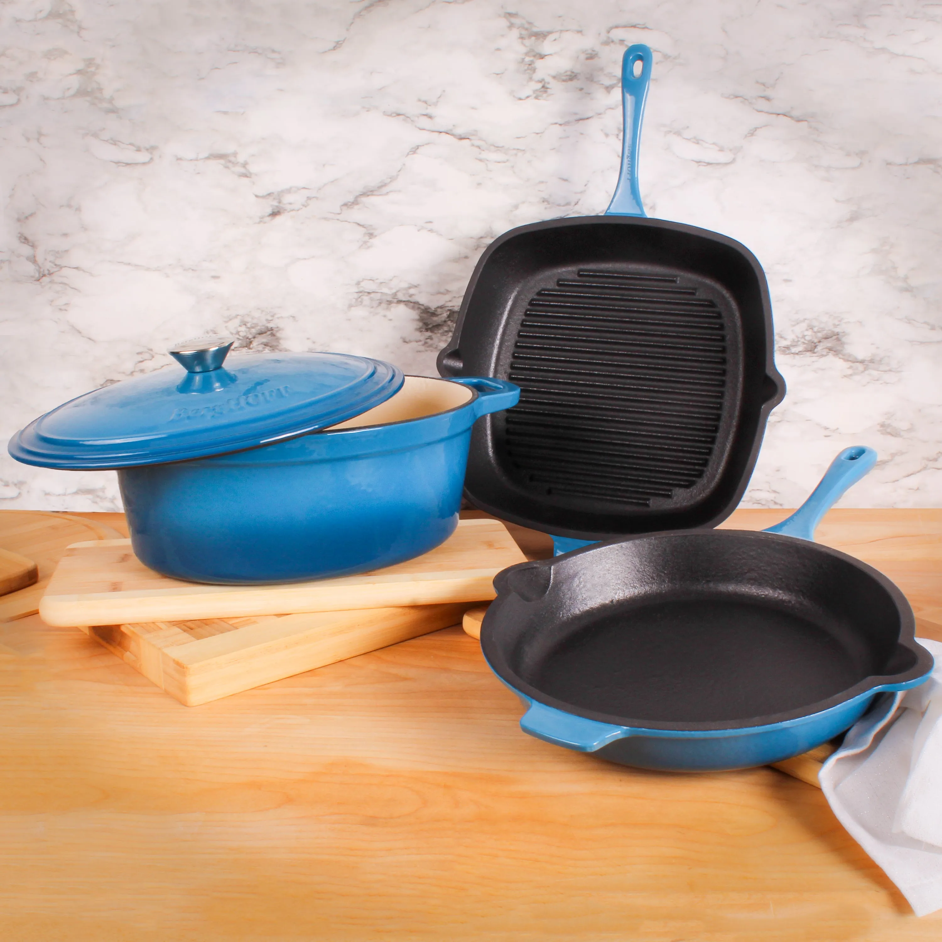 BergHOFF Neo 4pc Cast Iron Cookware Set, Grill Pan, Fry Pan & Oval Dutch Oven, Blue