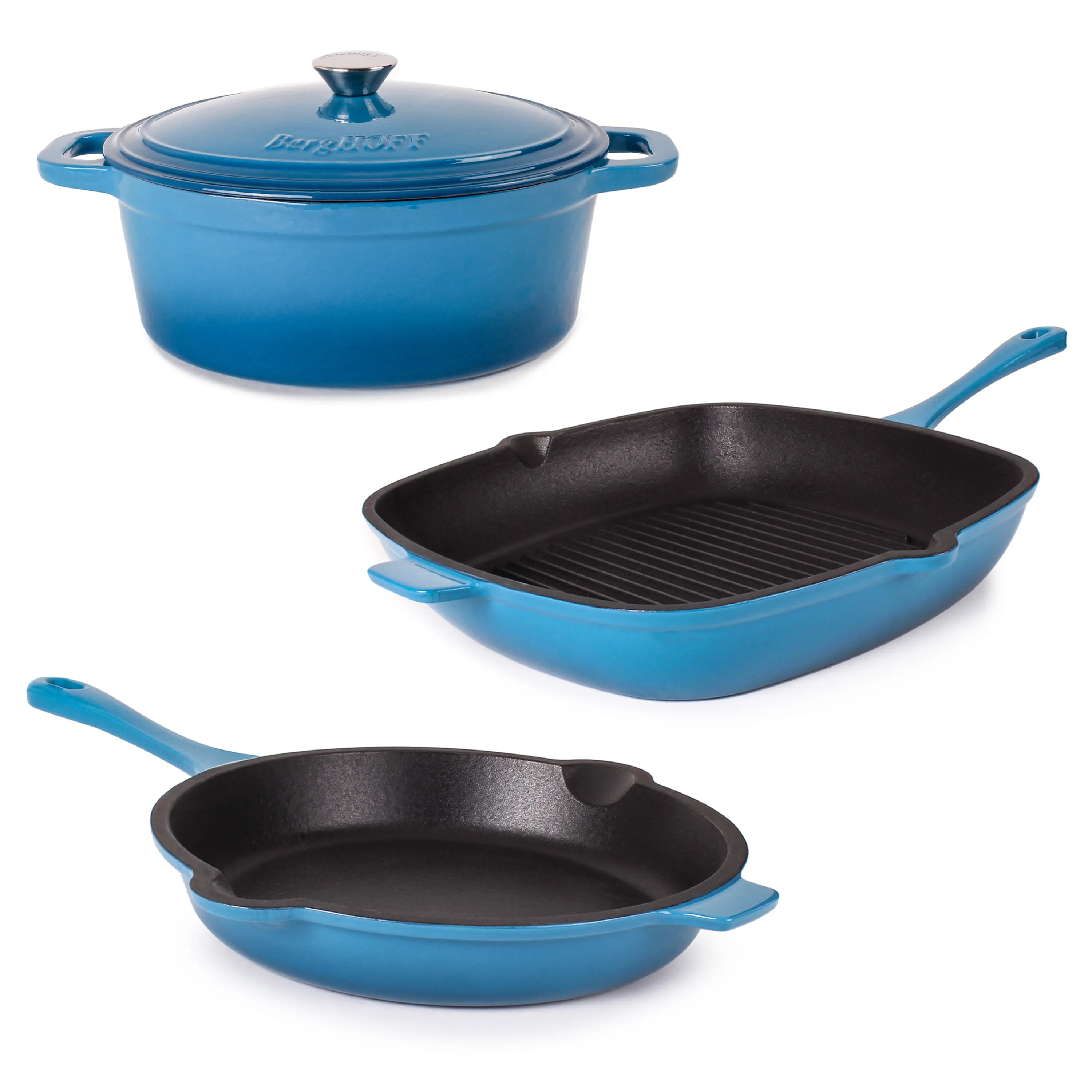 BergHOFF Neo 4pc Cast Iron Cookware Set, Grill Pan, Fry Pan & Oval Dutch Oven, Blue