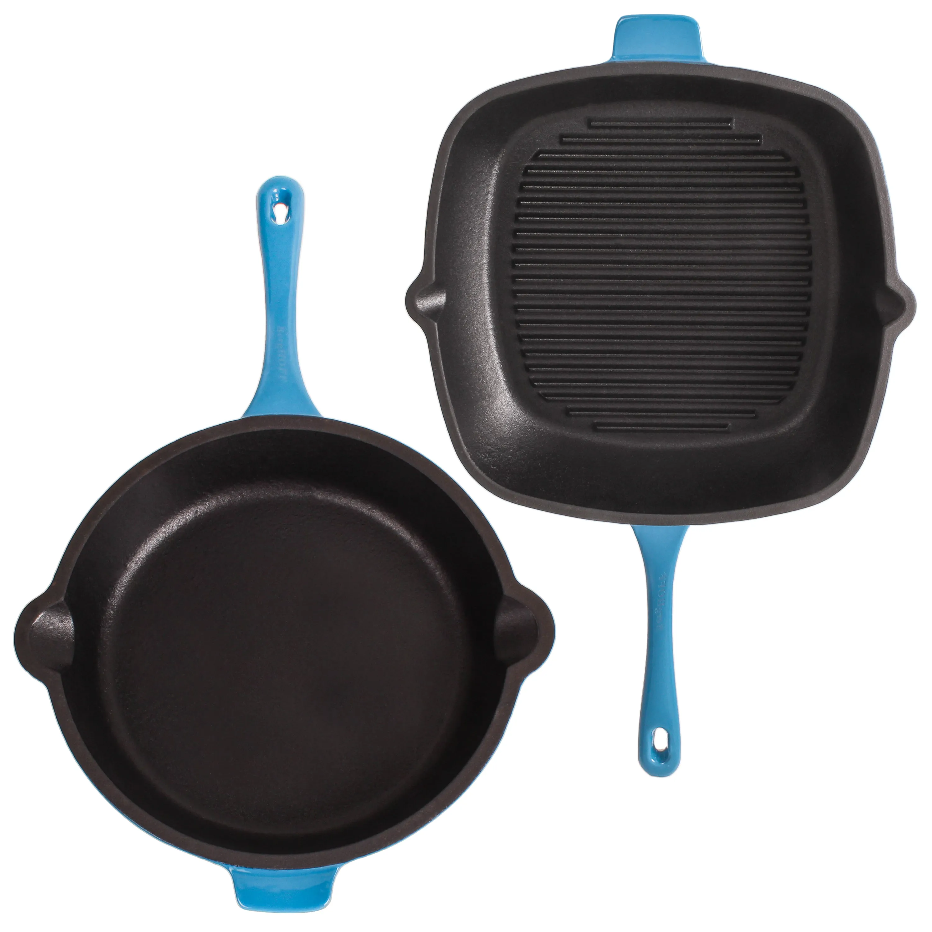 BergHOFF Neo 4pc Cast Iron Cookware Set, Grill Pan, Fry Pan & Oval Dutch Oven, Blue