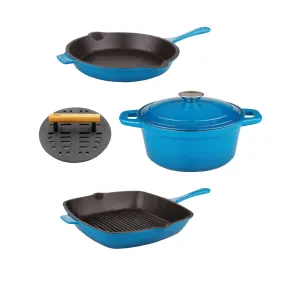 BergHOFF Neo 5pc Cast Iron Cookware Set with Slotted Steak Press, Blue