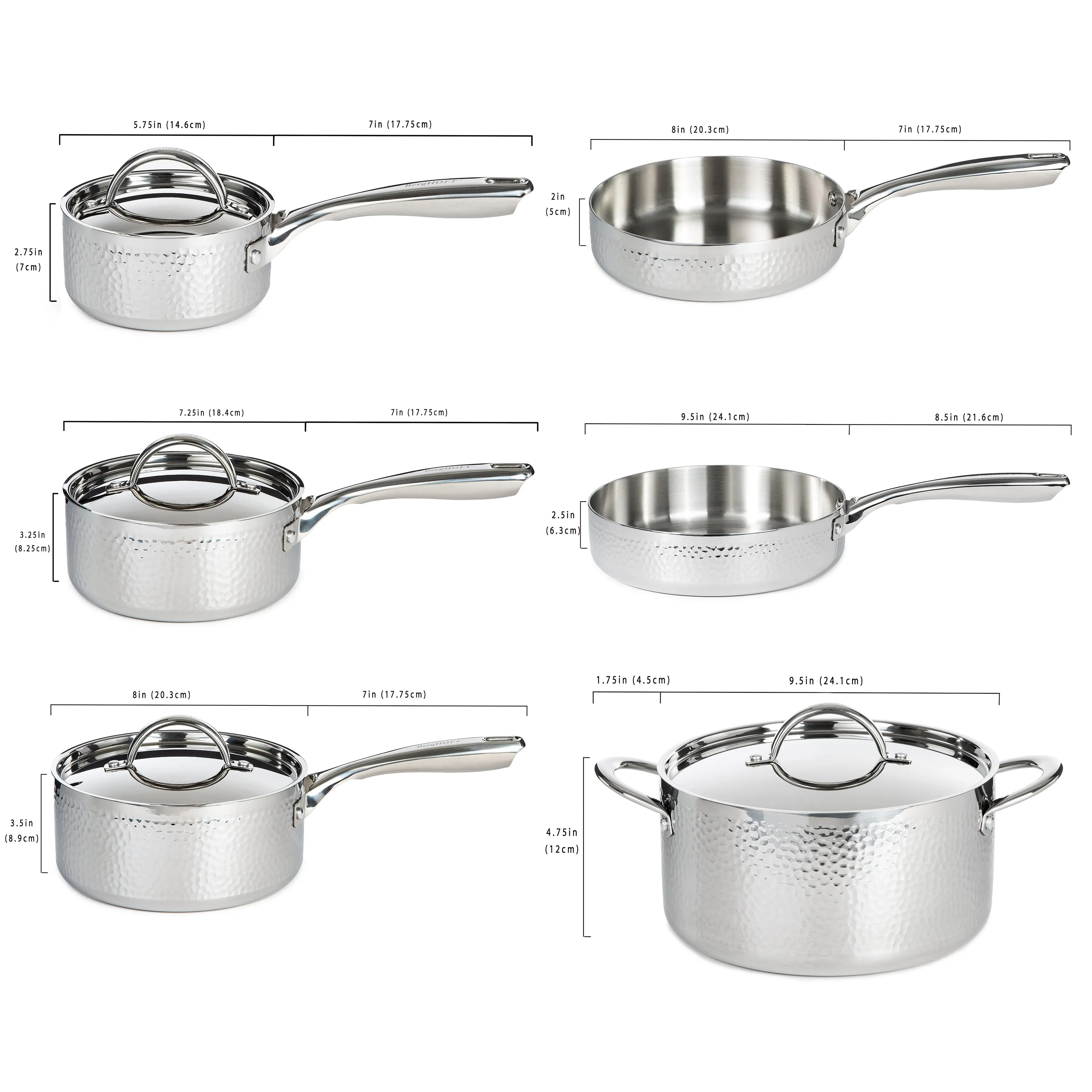 BergHOFF Vintage 10pc Tri-Ply 18/10 Stainless Steel Cookware Set with Lids, Hammered