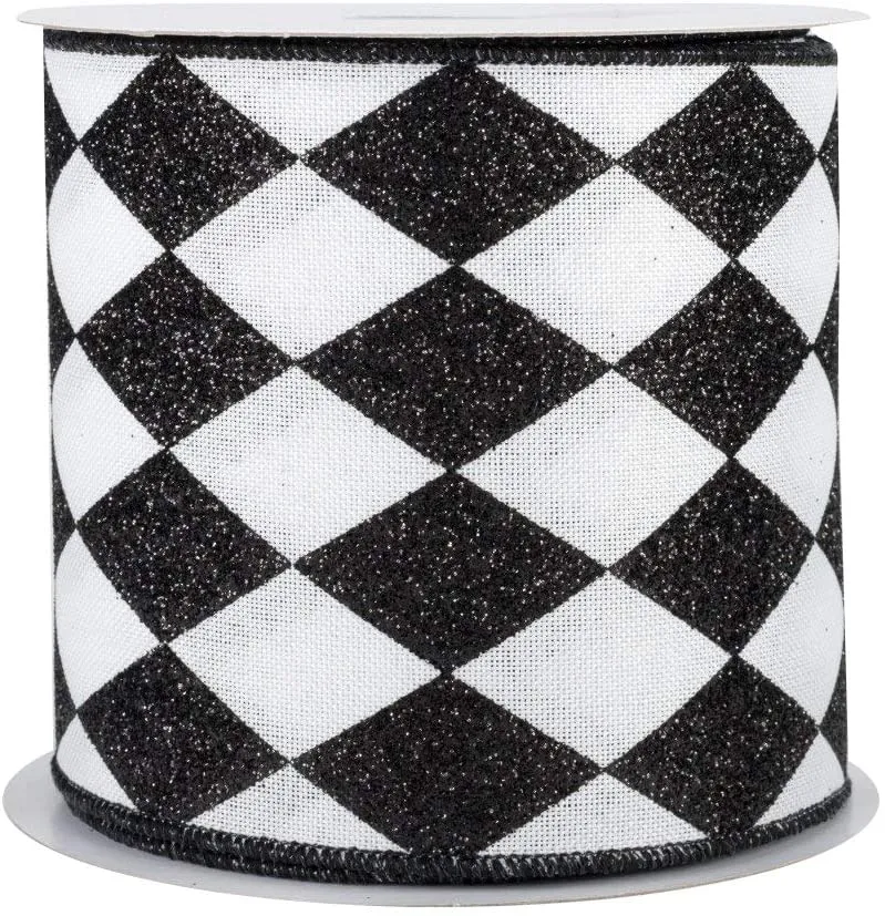 Black White Diamonds Harlequin Ribbon - 4" x 10 Yards