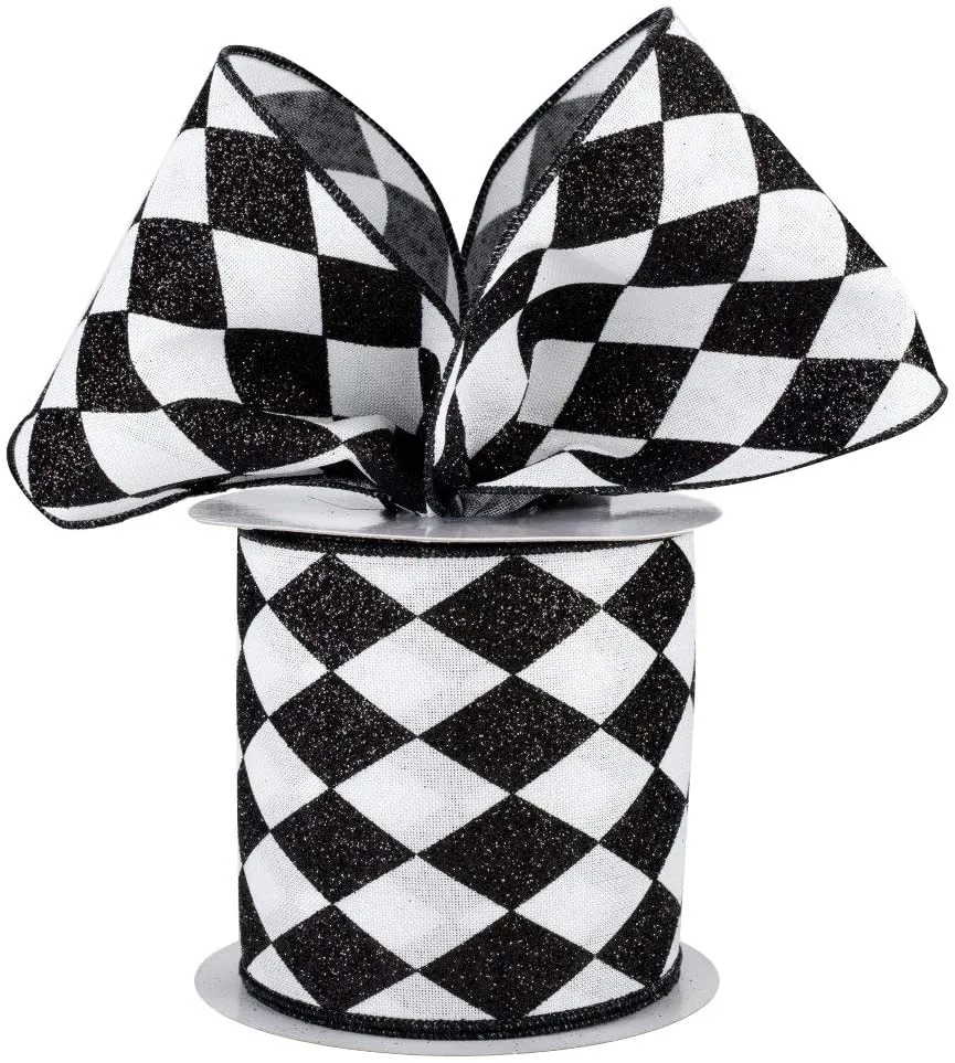 Black White Diamonds Harlequin Ribbon - 4" x 10 Yards