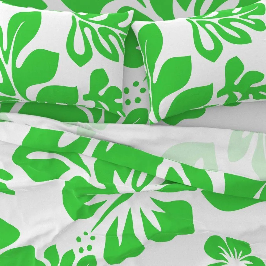 Bright Lime Green Hawaiian Flowers on White Sheet Set from Surfer Bedding™️ Large Scale