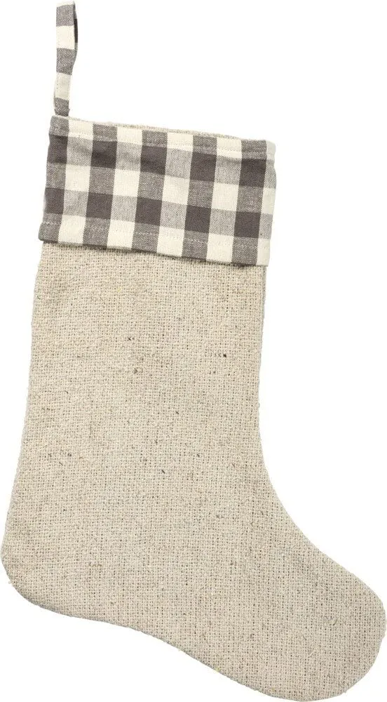 Buffalo Plaid Cuff Christmas Stocking - 18" H, 1" W, Beige Burlap, Gray & Beige Checks