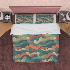 Camouflage Retro Bedding Set, Wavy Cotton Duvet Cover, Abstract  Quilt Cover, Colorful Bedspread, 70s Nostalgia Bed Cover, Zipper Bedding