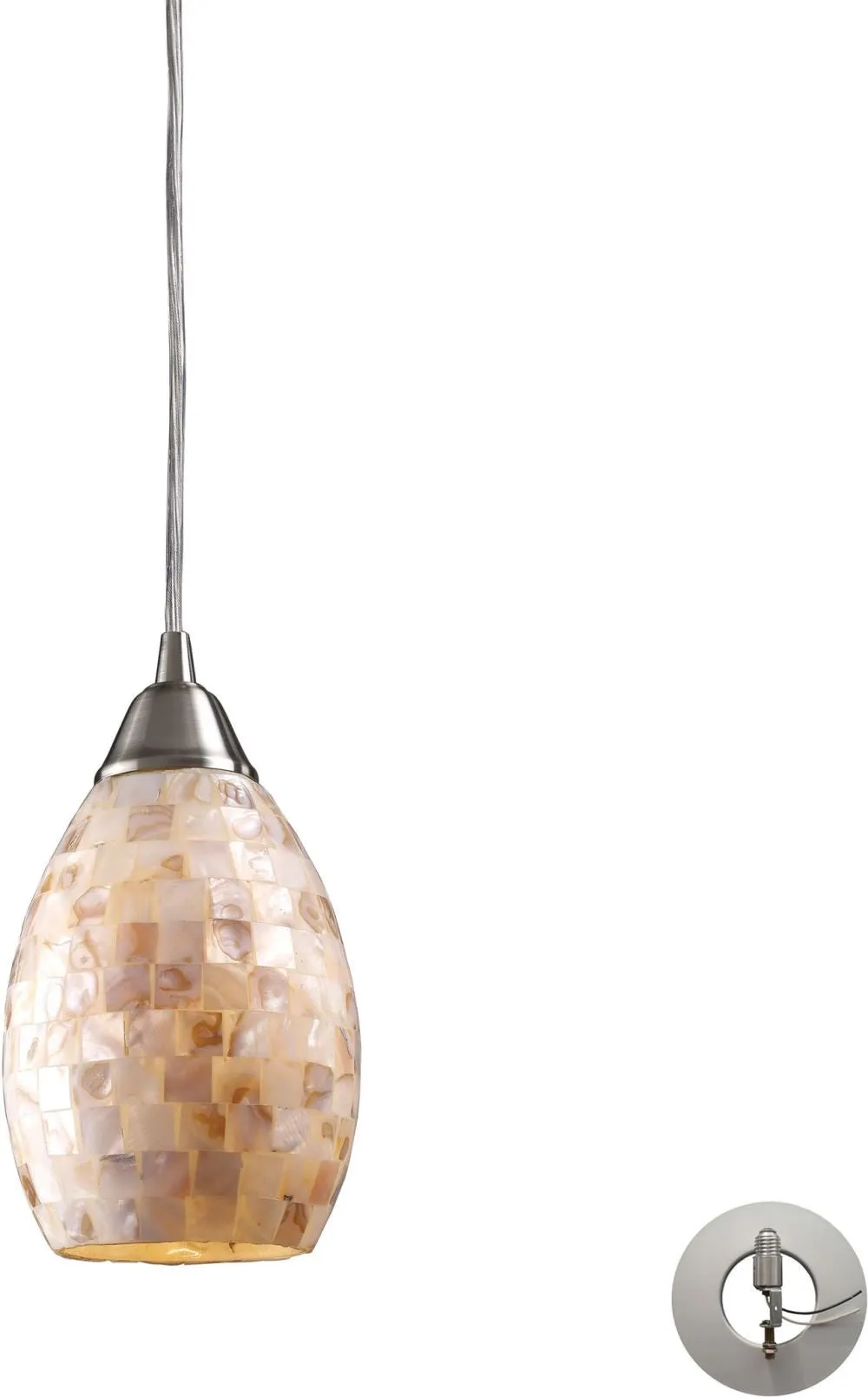 Capri 1 Light Pendant In Satin Nickel and Capiz Shell - Includes Recessed Lighting Kit