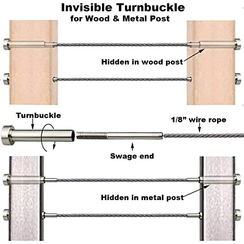 Challcrea Metal Turnbuckles, Wire Rope Fittings of Metal, Cable Railing Kit/Hardware for Wood & Metal Post for Stair Deck Railing System Fits 1/8 Stainless Steel Cable, 20 Pcs, Invisible