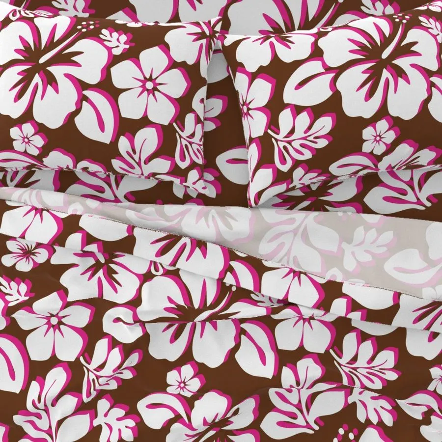 Chocolate Brown, Surfer Girl Pink and White Hawaiian Flowers Sheet Set from Surfer Bedding™️ Medium Scale