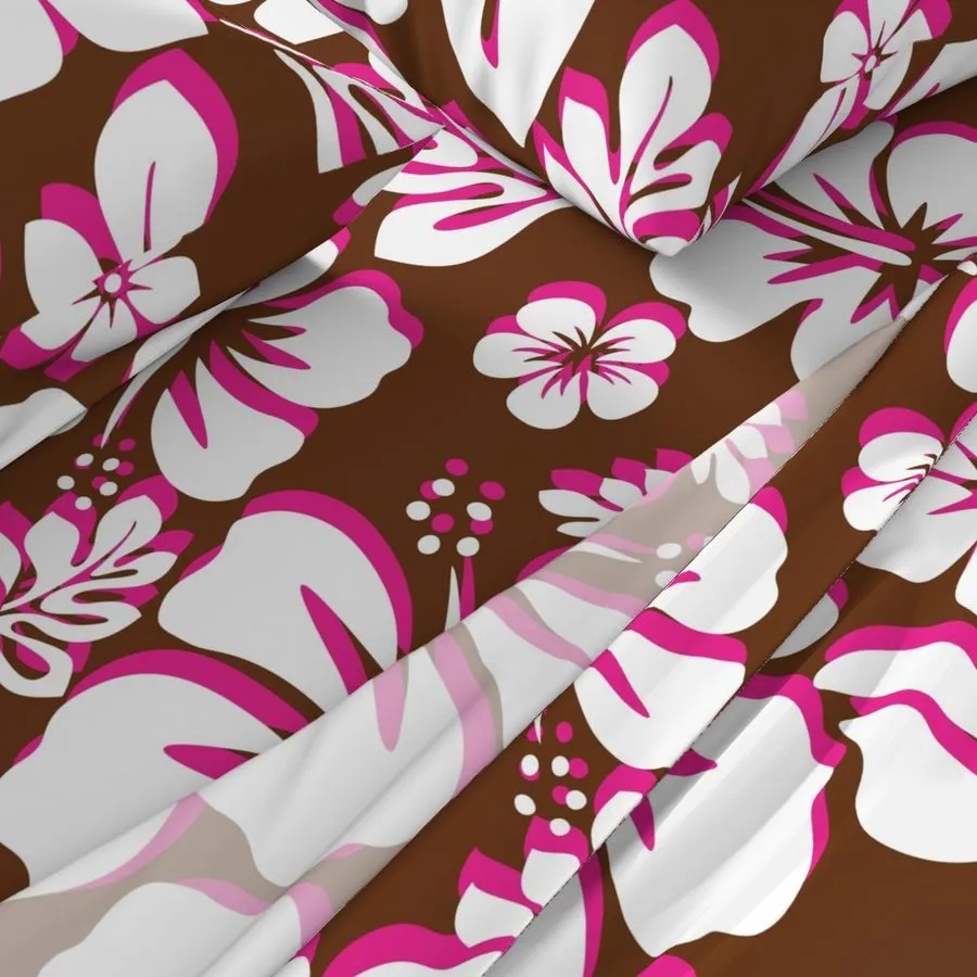 Chocolate Brown, Surfer Girl Pink and White Hawaiian Flowers Sheet Set from Surfer Bedding™️ Medium Scale