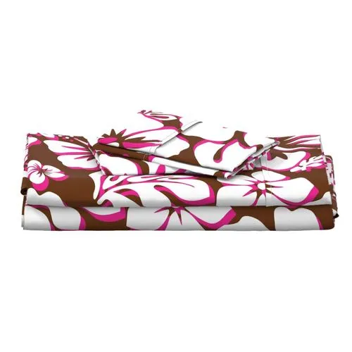 Chocolate Brown, Surfer Girl Pink and White Hawaiian Flowers Sheet Set from Surfer Bedding™️ Medium Scale