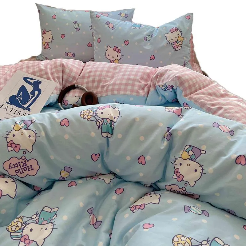 Cute Blue Wave Point Kitty Bedding Set KI554