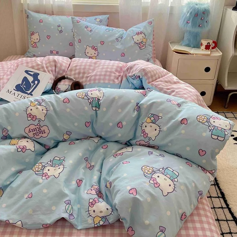 Cute Blue Wave Point Kitty Bedding Set KI554