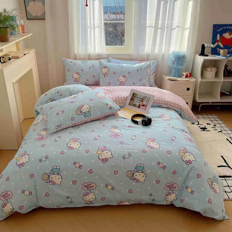 Cute Blue Wave Point Kitty Bedding Set KI554