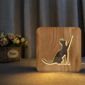 Cute Cat 3D Wooden Carving Lamp USB LED Table Light Switch Control