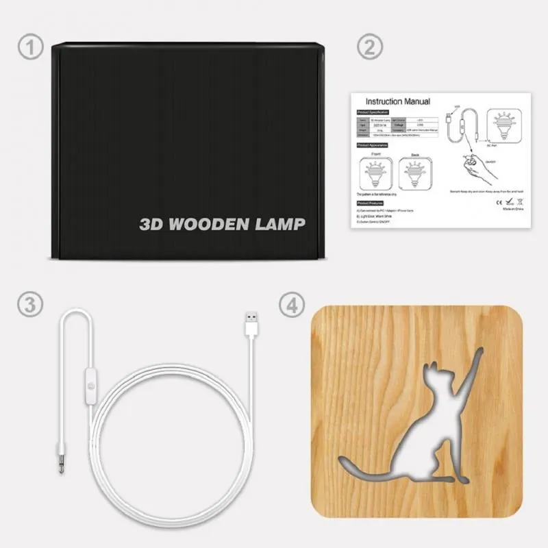 Cute Cat 3D Wooden Carving Lamp USB LED Table Light Switch Control