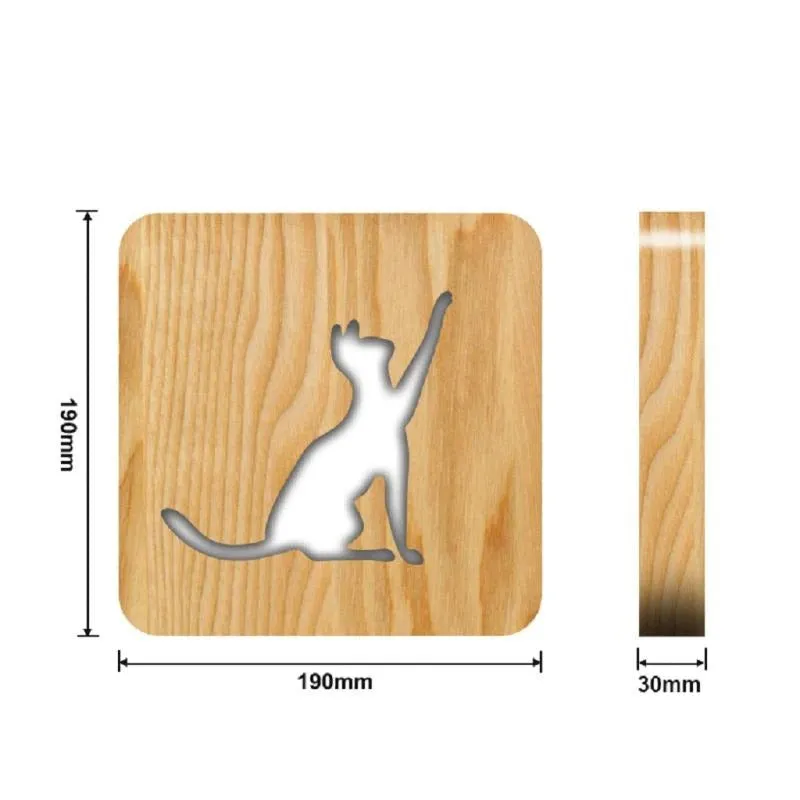 Cute Cat 3D Wooden Carving Lamp USB LED Table Light Switch Control