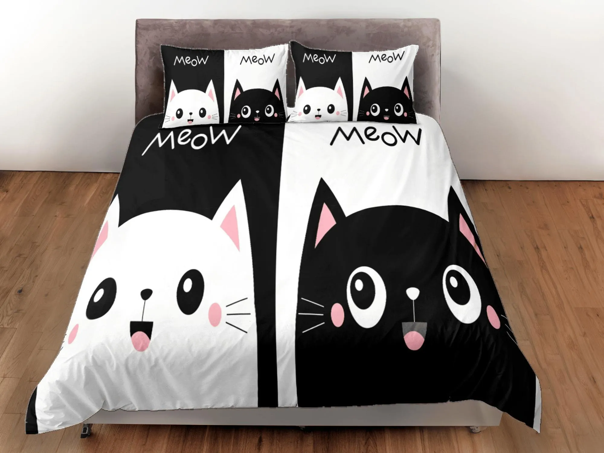 Cute couple cat bedding black and white, toddler bedding, kids duvet cover set, gift for cat lovers, baby bedding, baby shower gift