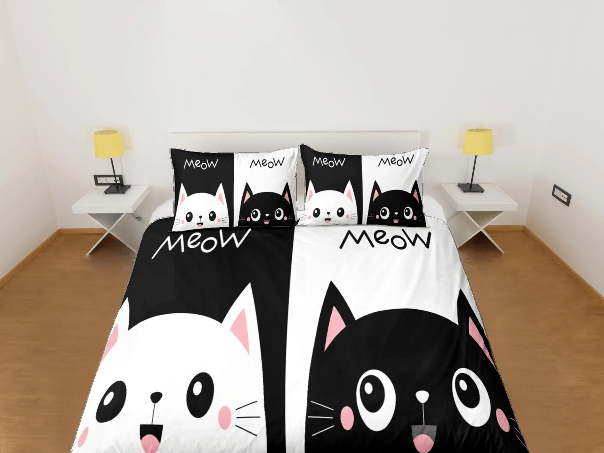 Cute couple cat bedding black and white, toddler bedding, kids duvet cover set, gift for cat lovers, baby bedding, baby shower gift