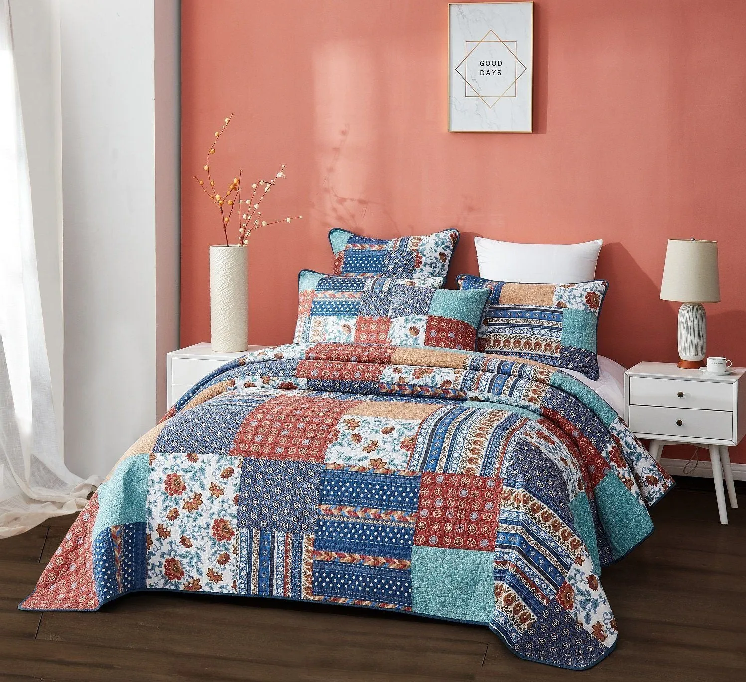 DaDa Bedding Bohemian Vibes Mediterranean Blue Floral Patchwork Quilted Bedspread Set  (JHW878)