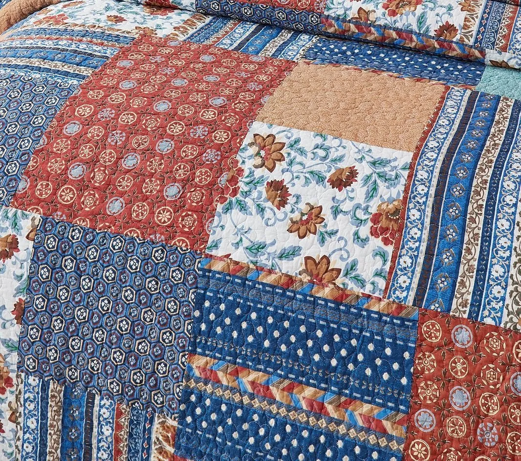 DaDa Bedding Bohemian Vibes Mediterranean Blue Floral Patchwork Quilted Bedspread Set  (JHW878)